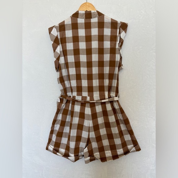 WHIT TWO Anthropologie womens white tan plaid casual Gingham Romper size XL - Picture 3 of 9